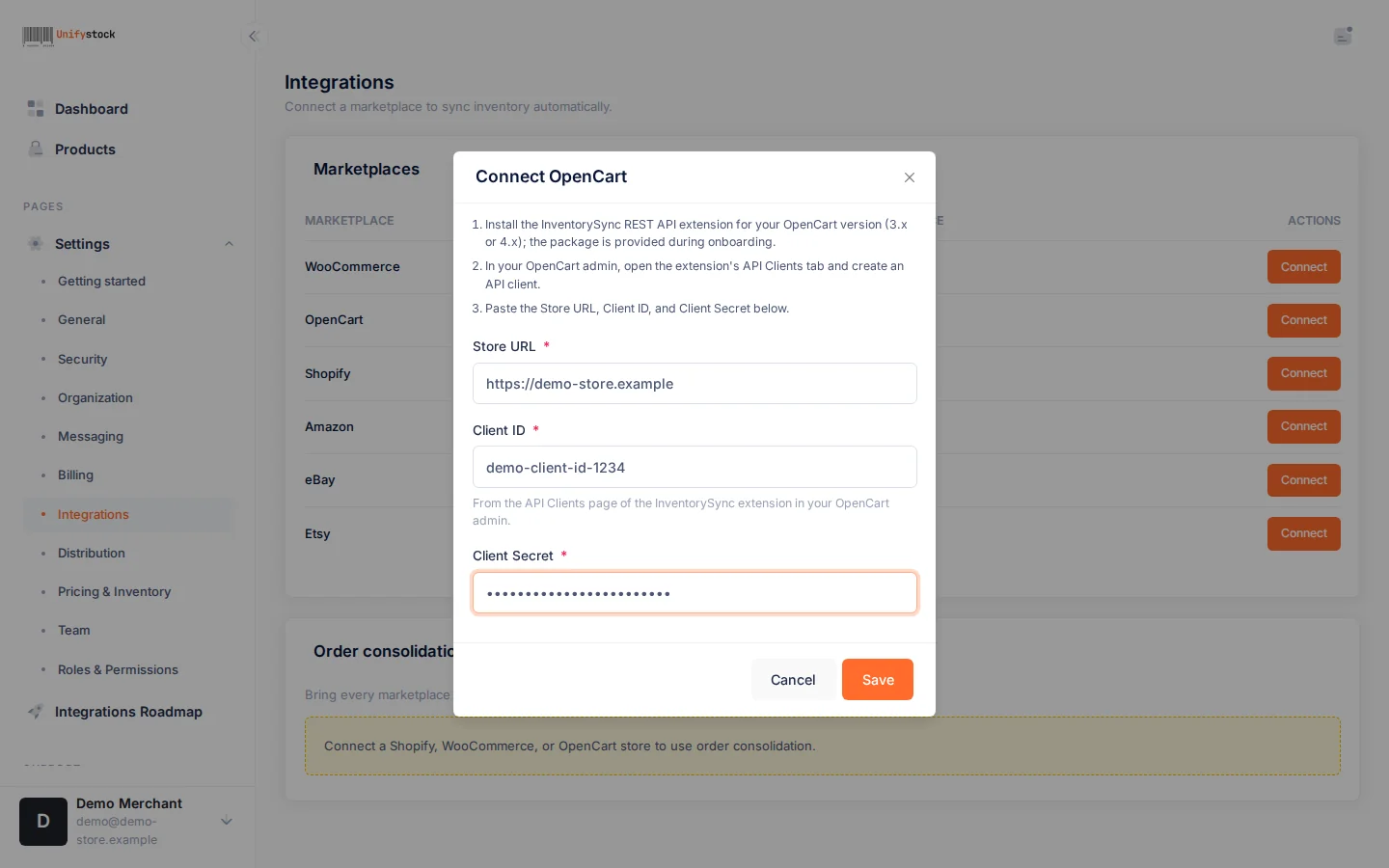 The Connect OpenCart dialog filled in with a store URL and API client credentials