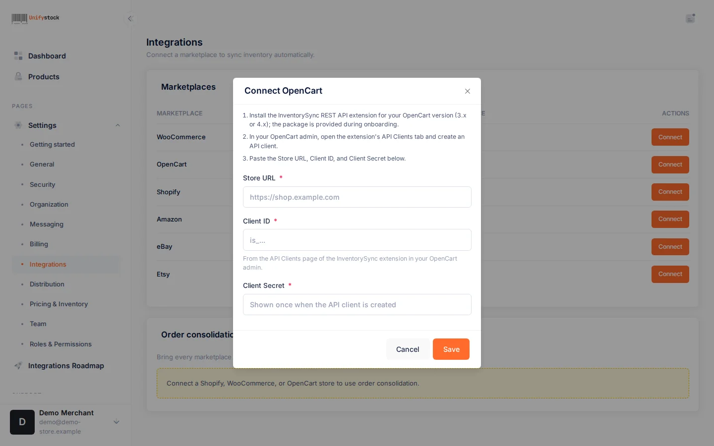 The Connect OpenCart dialog in InventorySync with fields for Store URL, Client ID, and Client Secret