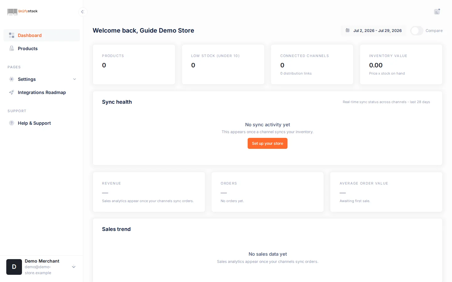 The InventorySync dashboard with product counts and the sync health panel