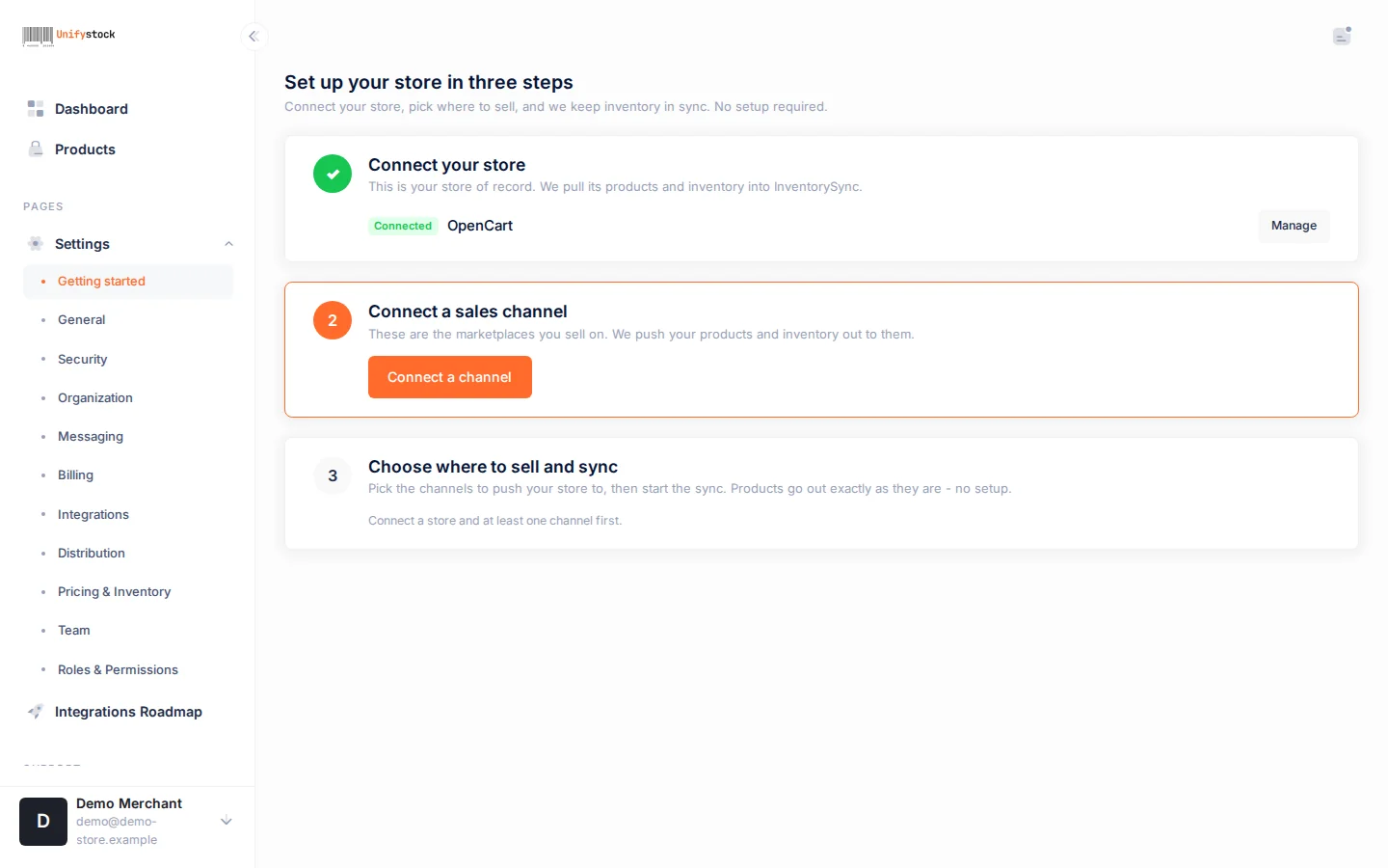 The InventorySync getting started page with the OpenCart store connected and the connect-a-channel step highlighted