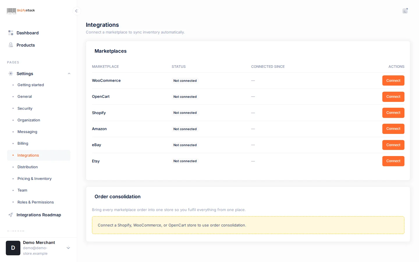 The InventorySync integrations page listing WooCommerce, OpenCart, Shopify, Amazon, eBay, and Etsy with connect buttons