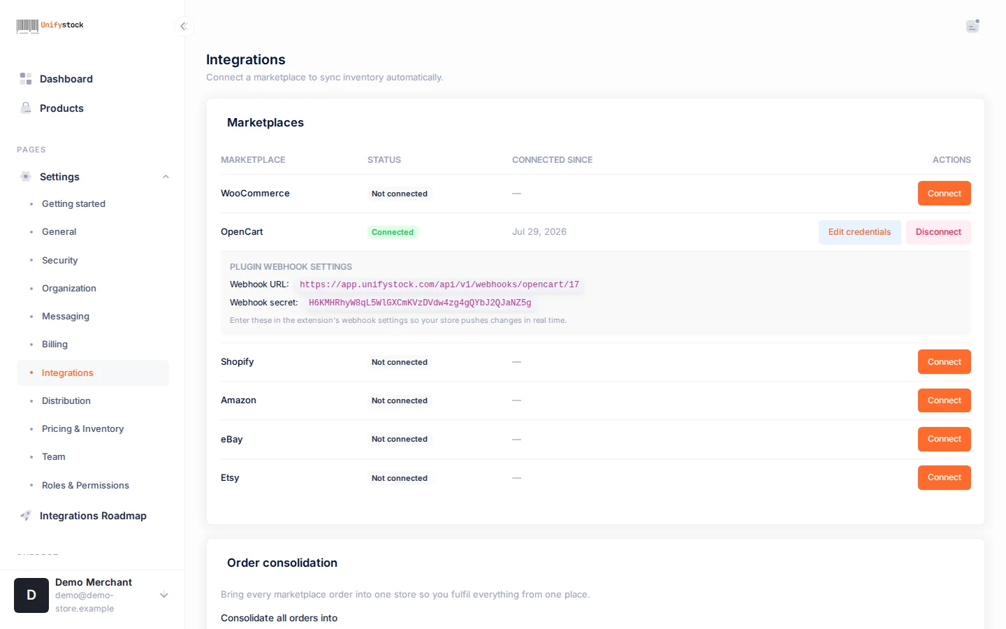 The integrations page with OpenCart connected and the plugin webhook settings panel showing the webhook URL and secret