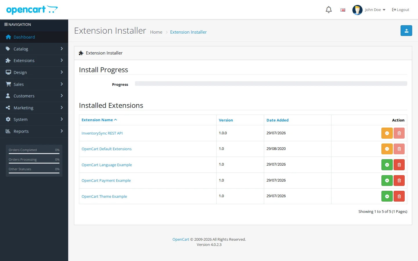 OpenCart Extension Installer showing the InventorySync REST API 1.0.0 extension installed
