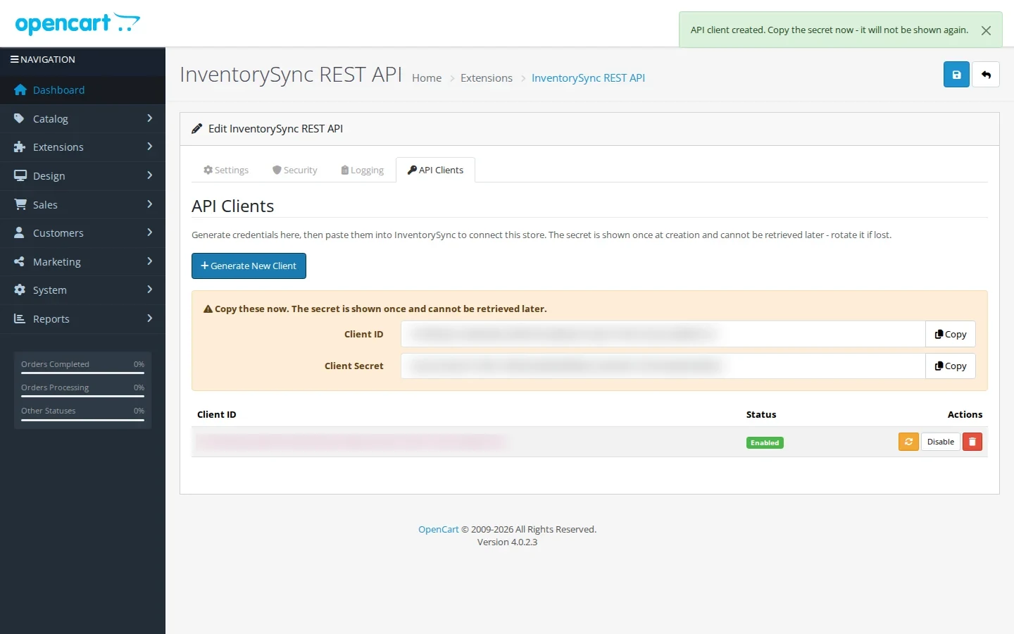 The API Clients tab of the InventorySync REST API extension with a newly generated Client ID and Client Secret