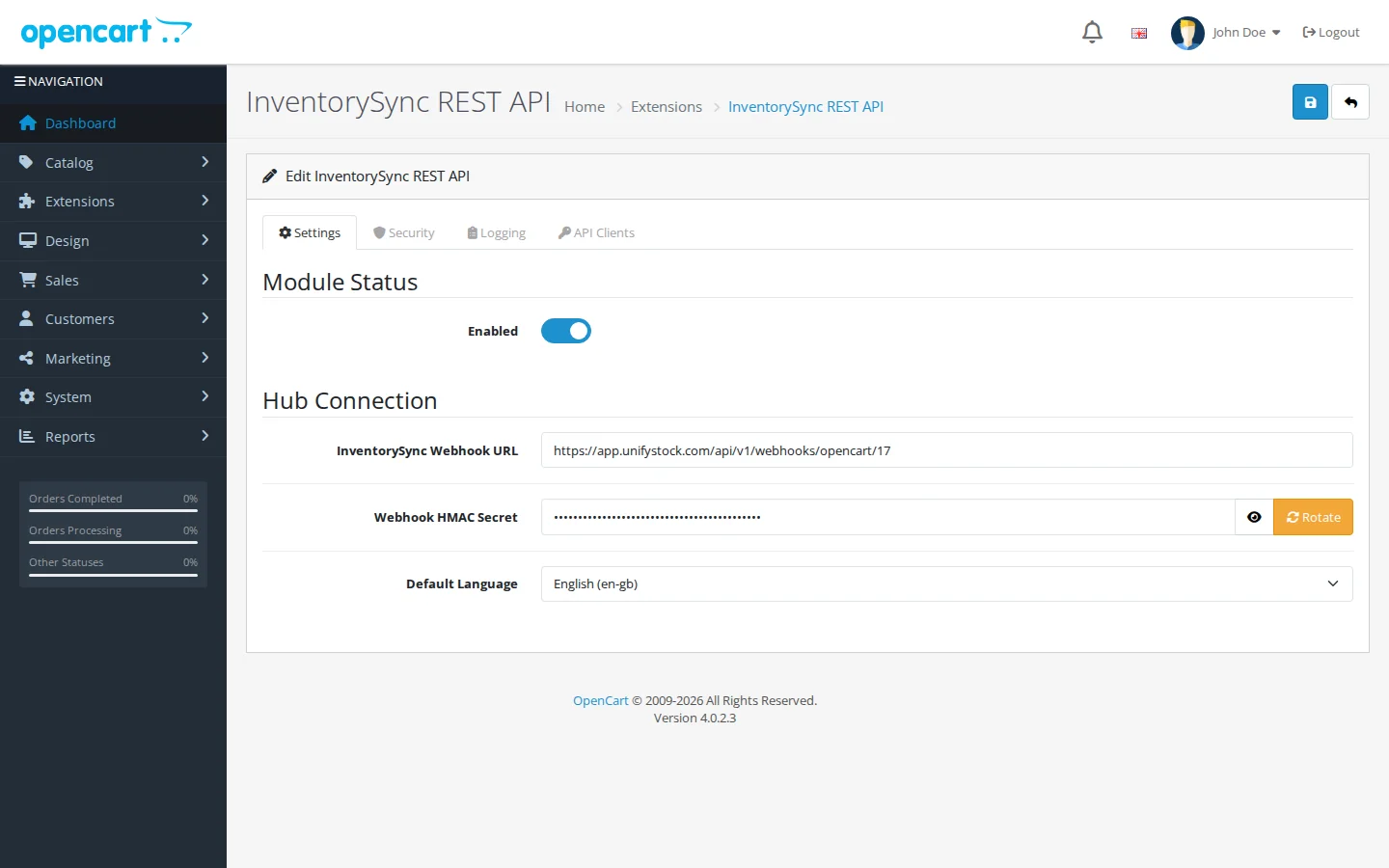 The extension Settings tab with the module enabled and the InventorySync webhook URL and HMAC secret filled in