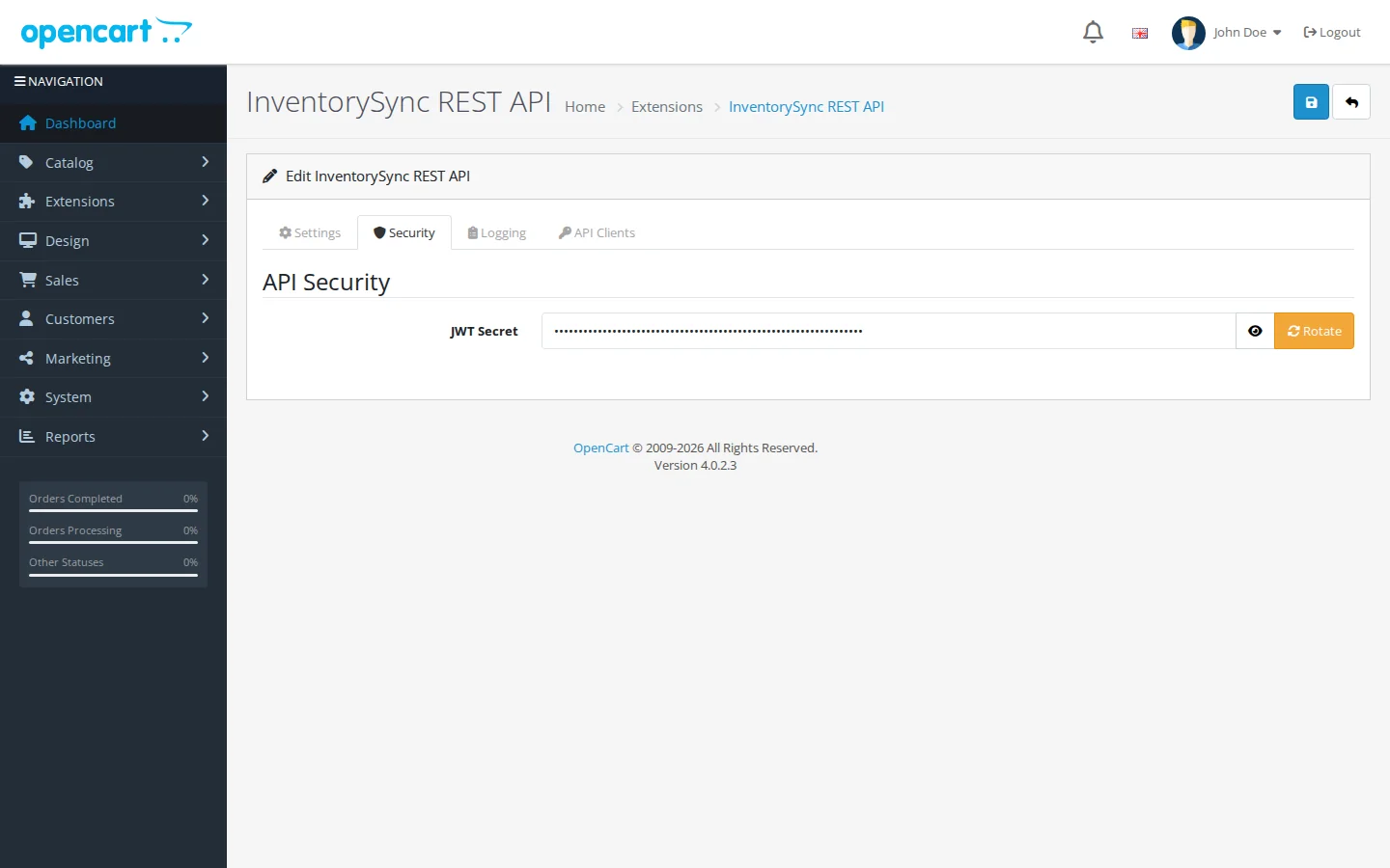 The Security tab showing the masked JWT secret with its rotate control